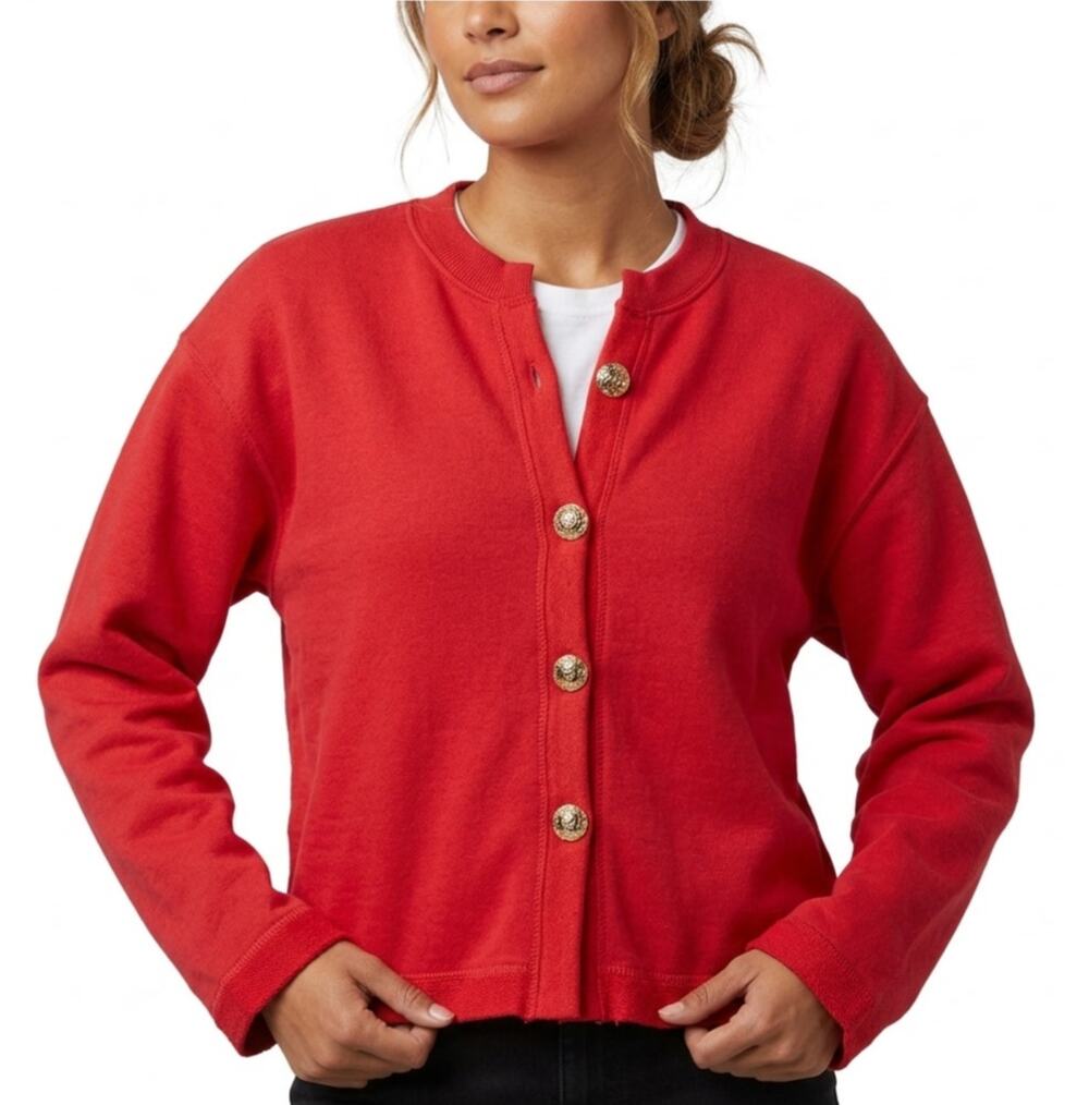 GILDAN Heavy Blend Cardigan Sweater Button Front V-Neck Fleece Red Womens Size L